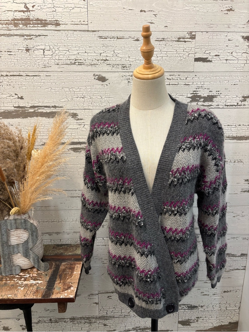 Christian Dior Gray Fair Isle Cardigan with Purple Accents